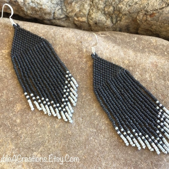 DARK Gray With Light Gray Tips Handmade Beaded Earrings,New, Handmade by Me - Picture 5 of 8